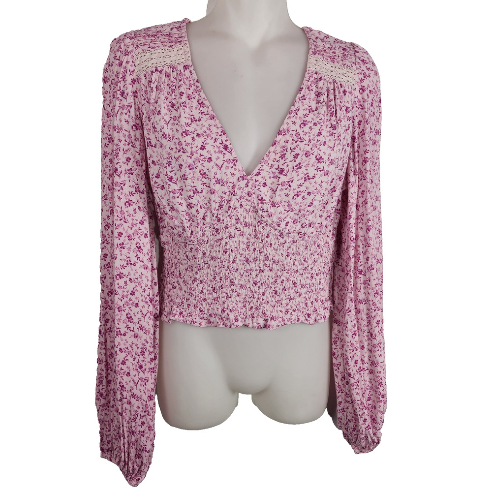 ASTR The Label Floral V Neck Smocked Puff Long Sleeve Blouse Pink Fuchsia Crop M
